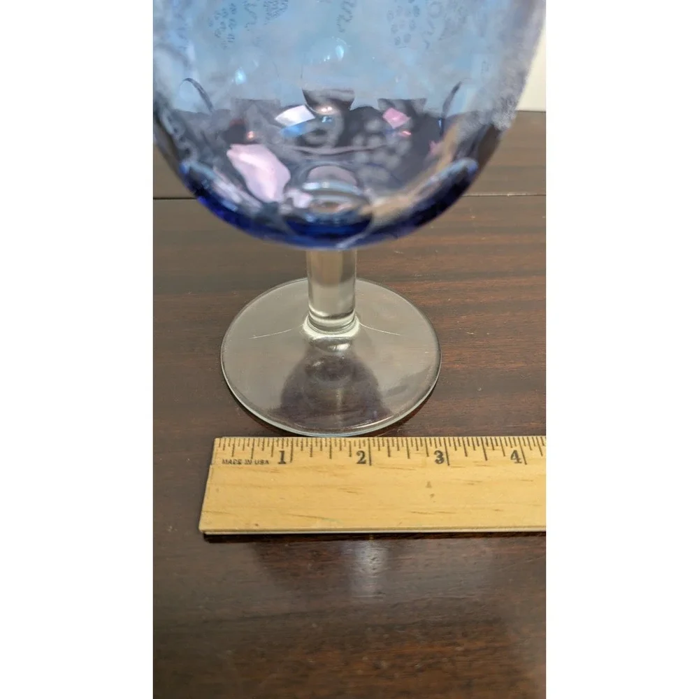 Vintage Blue Glass Goblet Gold Gilt Etched Grapevine Thumbprint Wine Glass